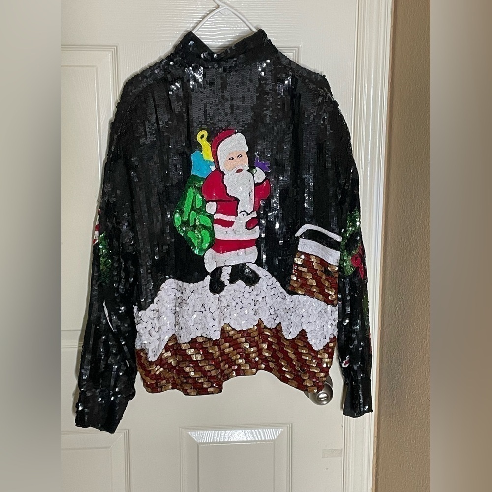 Vintage  Christmas Bomber Jacket Med  Silk Sequined All Over Party‌‌ - Picture 11 of 11